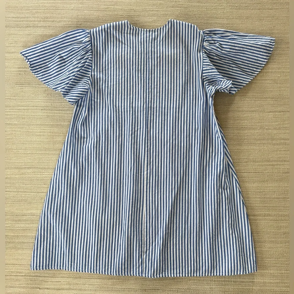 No brand blue striped embroidered flutter sleeve tunic mini dress‎ women’s L